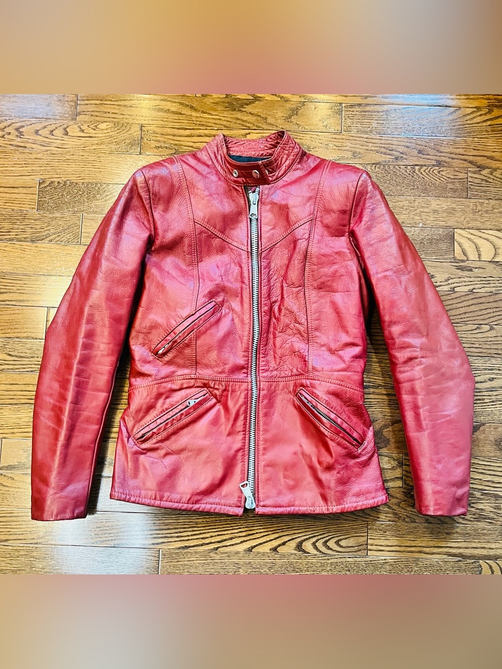 Women’s Red Leather Moto Jacket with Zip Front